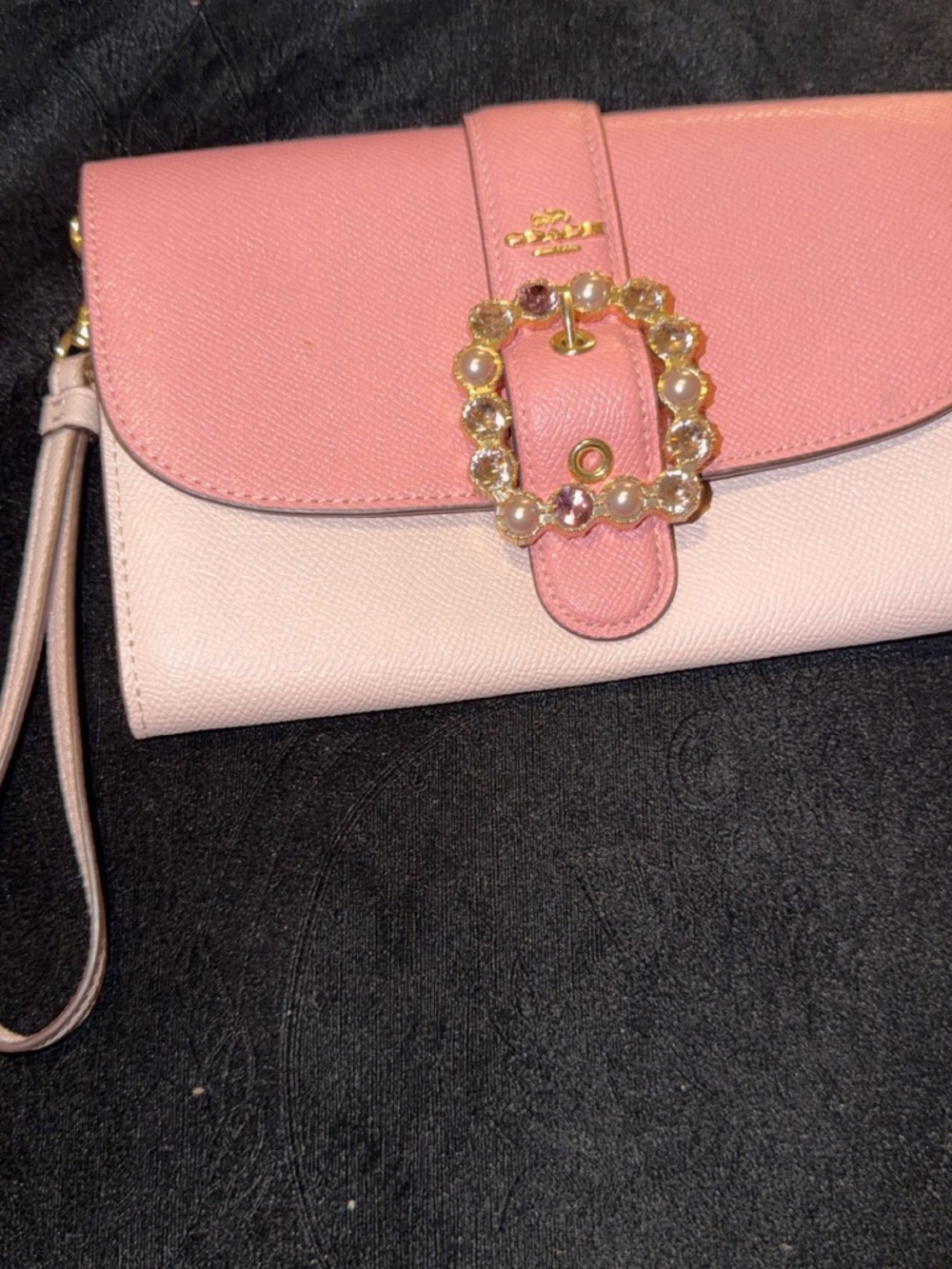Coach Two-Tone Pink Wristlet Clutch with Jeweled Buckle